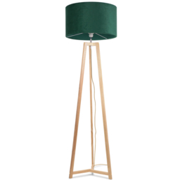 ValueLights Lottie Forest Green Velvet Drum Shade Natural Wood Tripod LED Floor Lamp - Size: 148 x 45 x 45cm - Cream - Wilko