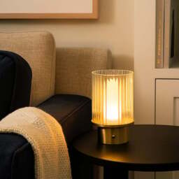 Lighting Collection Clear and Opal White Glass Shade Brass Rechargeable LED Lamp - Size: 24 x 17.5 x 17.5cm - Antique Brass and Clear - Wilko - thumbnail 3