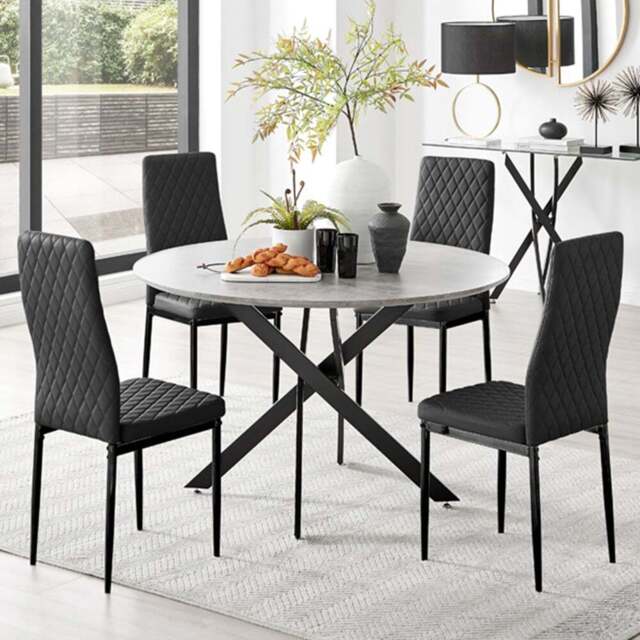 Furniturebox Arona Valera Concrete Effect 4 Seater Round Dining Set Grey and Black - Wilko - image 1