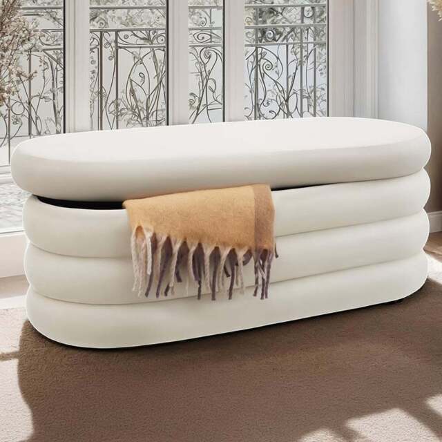 tectake Altu Cream White Velvet Padded Bench with Storage - Size: 42 x 110 x 45cm - Wilko - image 1