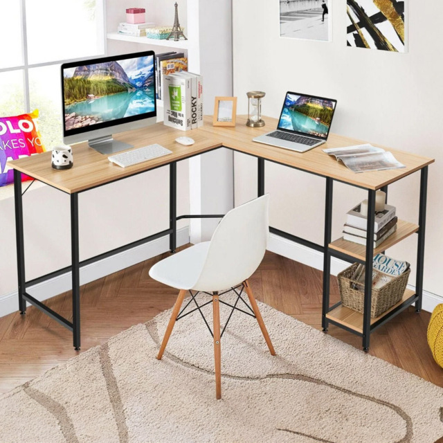 Costway 2 Shelf Corner Computer Desk Natural - Size: 155 x 59 x 13cm - Cream - Wilko