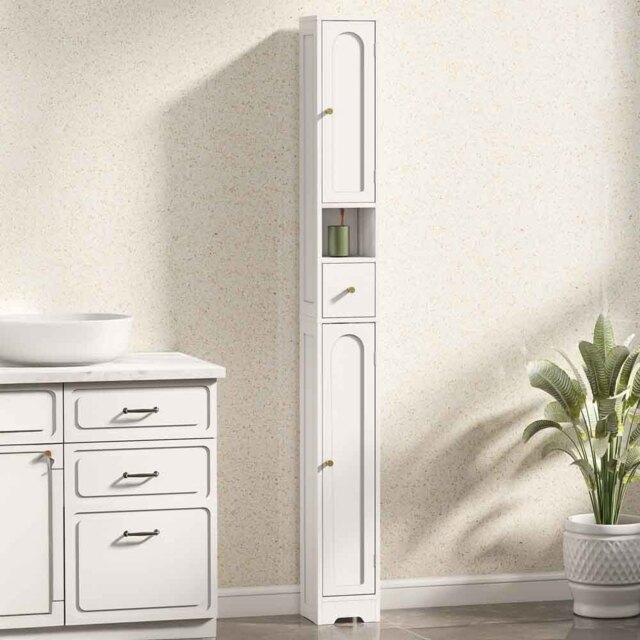 HOMCOM 2 Door Single Drawer White Slim Bathroom Storage Cabinet - Size: 185 x 20 x 20cm - Wilko - image 1