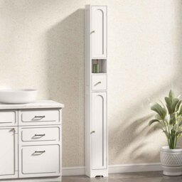 HOMCOM 2 Door Single Drawer White Slim Bathroom Storage Cabinet - Size: 185 x 20 x 20cm - Wilko - thumbnail 1