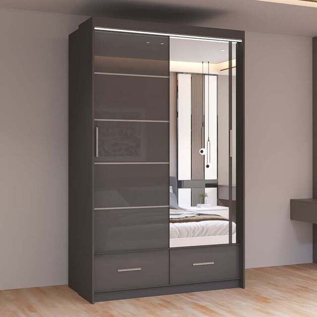 Sliding Wardrobes 4U Sycylia 2 Door 2 Drawer Grey High Gloss Mirrored Wardrobe 150cm - Size: 2 Door, 2 Drawer - Wilko - image 1
