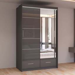 Sliding Wardrobes 4U Sycylia 2 Door 2 Drawer Grey High Gloss Mirrored Wardrobe 150cm - Size: 2 Door, 2 Drawer - Wilko