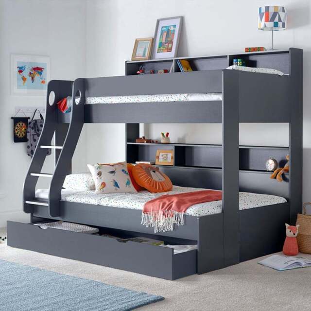 Bedmaster Oliver Triple Sleeper Onyx Grey Storage Bunk Bed with Orthopaedic Mattresses - Size: Single + Small Double - Wilko - image 1