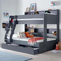 Bedmaster Oliver Triple Sleeper Onyx Grey Storage Bunk Bed with Orthopaedic Mattresses - Size: Single + Small Double - Wilko