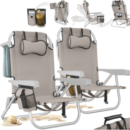 tectake Coral Set of 2 Beige Foldable Beach Chair with Backpack - Size: 78 x 63 x 101cm - Cream - Wilko - thumbnail 3