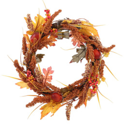 Living and Home Autumn Golden Sorghum Door Wreath with LED Lights 50cm - Size: 50x50x3cm - Brown - Wilko