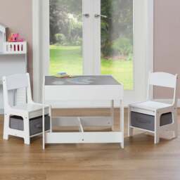 Liberty House Toys Kids White and Grey Table and 2 Chairs Set with Storage Bins - Size: 48 x 60 x 60cm - Wilko