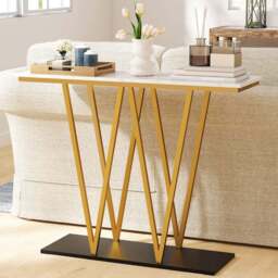 Costway White Faux Marble Extra Long Console Entry Table - Size: 100 x 30 x 79cm - Wilko