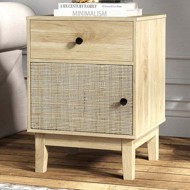 Costway Single Door Single Drawer Natural Rattan Nightstand - Wood - Wilko - image 1
