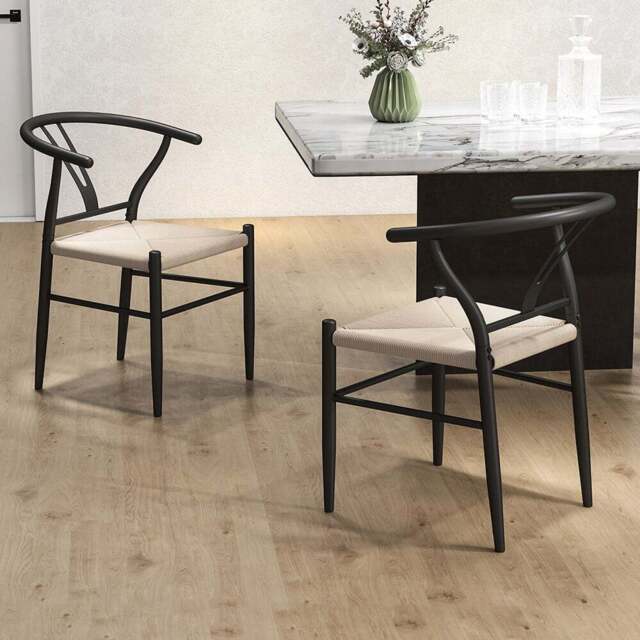 HOMCOM Set of 2 Black Weave Y-Shaped Back Dining Chair with Hemp Seat - Wilko - image 1