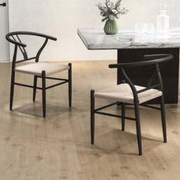 HOMCOM Set of 2 Black Weave Y-Shaped Back Dining Chair with Hemp Seat - Wilko - thumbnail 1