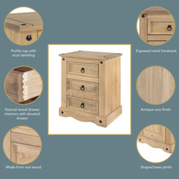 Core Products Corona 3 Drawer Antique Pine Bedside Cabinet - Brown - Wilko - thumbnail 7