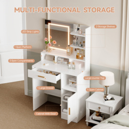 Brooklyn Truro Single Door Single Drawer 7 Shelf White Adjustable Dressing Table with LED Mirror - Size: 140 x 80 x 40cm - Wilko - thumbnail 5