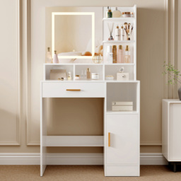 Brooklyn Truro Single Door Single Drawer 7 Shelf White Adjustable Dressing Table with LED Mirror - Size: 140 x 80 x 40cm - Wilko