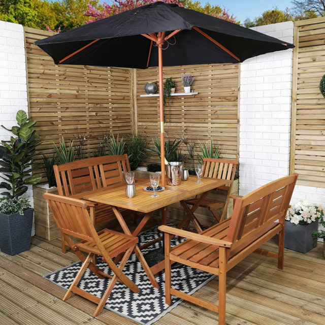 Samuel Alexander Wooden 6 Seater Folding Rectangular Garden Dining Bench Set with Black Parasol - Brown - Wilko - image 1