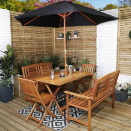 Samuel Alexander Wooden 6 Seater Folding Rectangular Garden Dining Bench Set with Black Parasol - Brown - Wilko - thumbnail 1