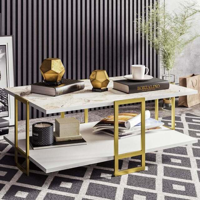 Decorotika Polka 2 Tier White Marble and Gold Coffee Table - Size: 36.6 x 91.5 x 61.5cm - Multi - Wilko - image 1