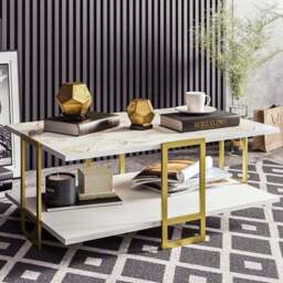 Decorotika Polka 2 Tier White Marble and Gold Coffee Table - Size: 36.6 x 91.5 x 61.5cm - Multi - Wilko