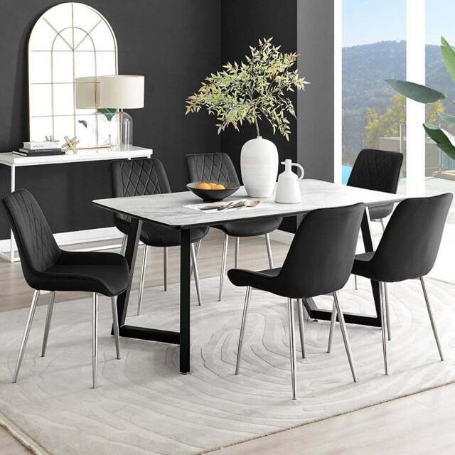 Furniturebox Copeland Cesano Marble Effect 6 Seater Dining Set White Black and Chrome - Wilko - image 1