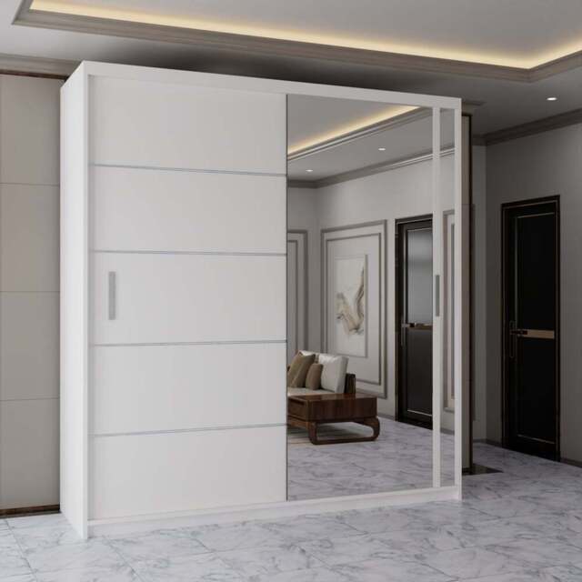 Sliding Wardrobes 4U 2 Sliding Door White Modern Wide Mirrored Wardrobe 203cm - Size: 2 Door - Wilko - image 1