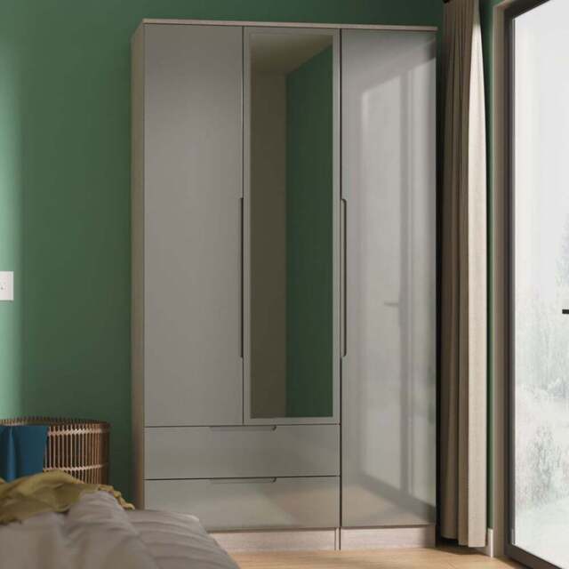 Crowndale Milan 3 Door 2 Drawer Grey Gloss and Grey Oak Tall Mirrored Wardrobe Ready Assembled - Size: 2 Door 2 Drawer - Grey Gloss & Grey Oak - Wilko - image 1
