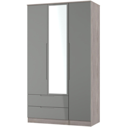 Crowndale Milan 3 Door 2 Drawer Grey Gloss and Grey Oak Tall Mirrored Wardrobe Ready Assembled - Size: 2 Door 2 Drawer - Grey Gloss & Grey Oak - Wilko - thumbnail 3