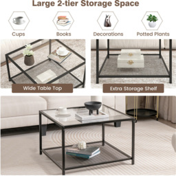 Costway 2 Tier Black Square Glass Coffee Table - Size: 70 x 70 x 45cm - Wilko - thumbnail 6