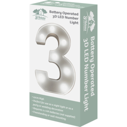St Helens Battery Operated 3D LED Number 3 Light - Size: 21.8 x 4.3 x 16.5cm - White - Wilko - thumbnail 4