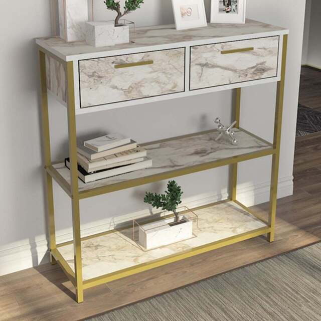 Decorotika Latho 2 Drawer and 2 Shelf White Marble Effect Sideboard - Size: 92 x 90 x 30.5cm - Wilko - image 1