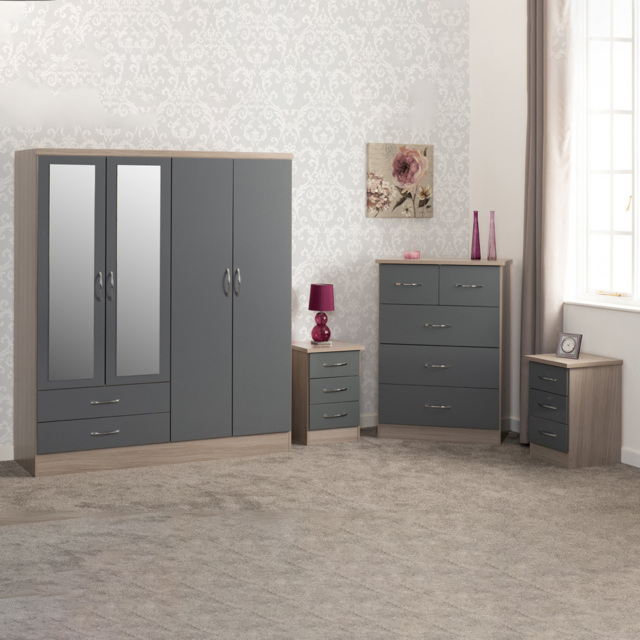 Seconique Nevada Grey and Light Oak Effect 4 Piece Bedroom Furniture Set - Size: 4 Door - Wilko - image 1