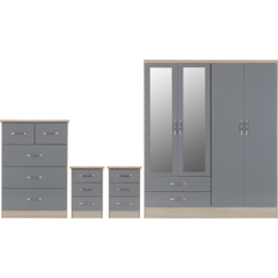 Seconique Nevada Grey and Light Oak Effect 4 Piece Bedroom Furniture Set - Size: 4 Door - Wilko - thumbnail 3