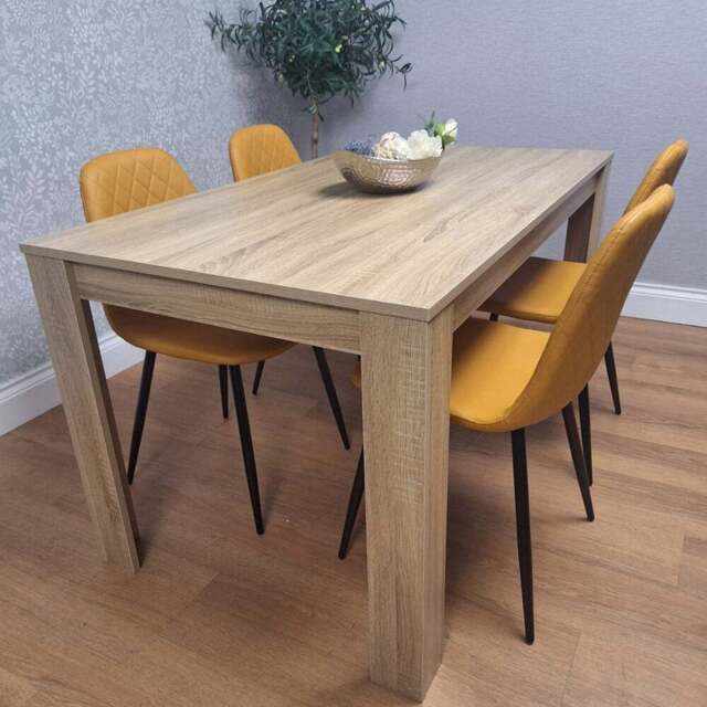Kosy Koala 4 Seater Faux Leather Gem Pattern Dining Set Oak Effect and Mustard - Multi - Wilko - image 1