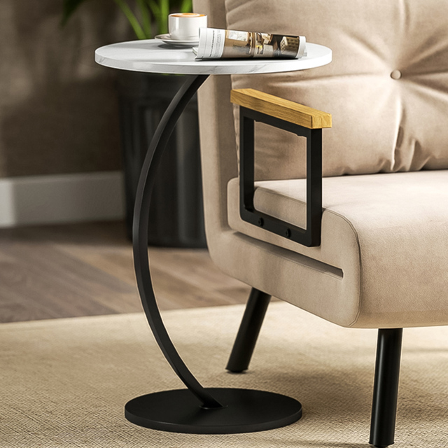 HOMCOM Marble Effect White C Shaped Round Side Table - Size: 61.5 x 40 x 40cm - Wilko - image 1