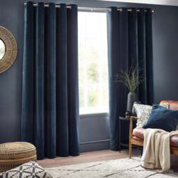 Yard Navy Heavy Chenille Velvet Eyelet Curtain 183 x 117 x 1cm - Size: D 183cm x W 117 - Blue - Yard Living - Wilko