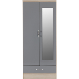 Seconique Nevada 2 Door Single Drawer Grey Gloss and Light Oak Effect Mirror Wardrobe - Size: 2 Door, Single Drawer - Wilko - thumbnail 4