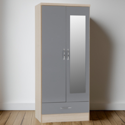 Seconique Nevada 2 Door Single Drawer Grey Gloss and Light Oak Effect Mirror Wardrobe - Size: 2 Door, Single Drawer - Wilko