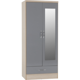 Seconique Nevada 2 Door Single Drawer Grey Gloss and Light Oak Effect Mirror Wardrobe - Size: 2 Door, Single Drawer - Wilko - thumbnail 3