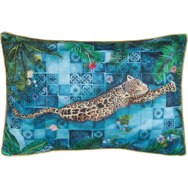 Paoletti Majorelle Blue Leopard Piped Polyester Filled Outdoor Cushion 40 x 60cm - Wilko - image 1