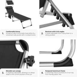 tectake Aurelie Black Foldable and Adjustable Sun Lounger with Headrest - Size: 33.5 x 60 x 218cm - Wilko - thumbnail 6
