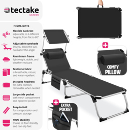 tectake Aurelie Black Foldable and Adjustable Sun Lounger with Headrest - Size: 33.5 x 60 x 218cm - Wilko - thumbnail 5