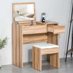 Portland Single Drawer Wood Grain Chipboard Dressing Table Set with Mirror - Size: 80 x 40 x 79cm - Brown - Wilko