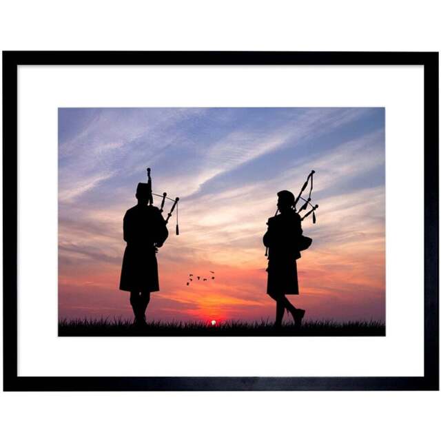 Wee Blue Coo Sunset Scottish Pipers Silhouette Photo Framed Wall Art Print 30 x 41cm - Size: 43.3 x 33.3 x 1.5cm - Multi - Wilko - image 1