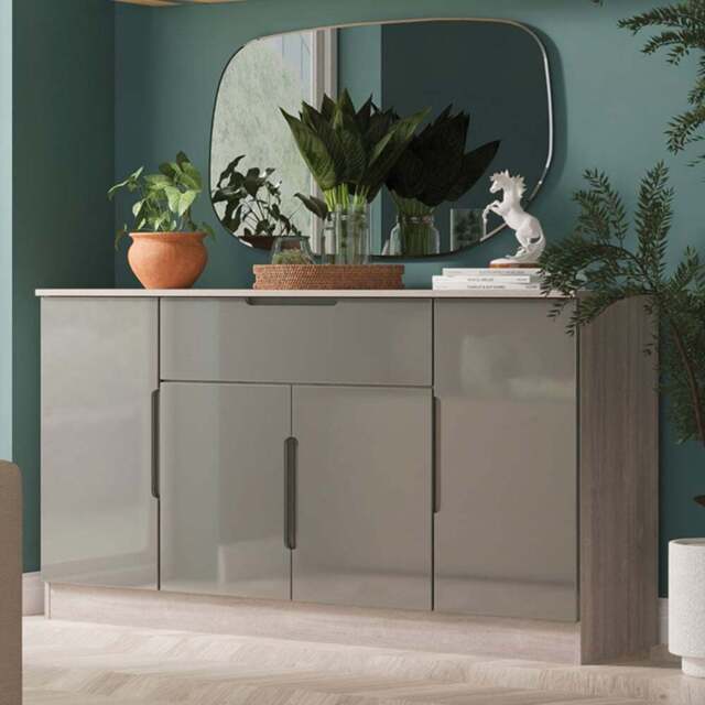 Crowndale Milan 4 Door Single Drawer Grey Gloss and Grey Oak Wide Sideboard Ready Assembled - Size: 79 x 144 x 39cm - Grey Gloss & Grey Oak - Wilko - image 1