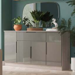 Crowndale Milan 4 Door Single Drawer Grey Gloss and Grey Oak Wide Sideboard Ready Assembled - Size: 79 x 144 x 39cm - Grey Gloss & Grey Oak - Wilko