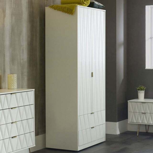 Crowndale Diamond Ready Assembled 2 Door 2 Drawer Matt White Tall Double Wardrobe - Size: 2 Door, 2 Drawer - Wilko - image 1