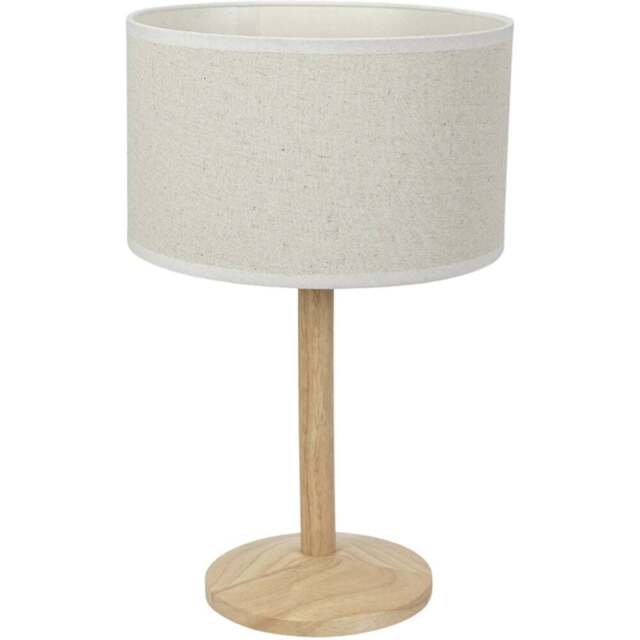 ValueLights Triston Linen White Edge Drum Shade Natural Light Wood Stem LED Table Lamp - Cream - Wilko - image 1