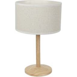 ValueLights Triston Linen White Edge Drum Shade Natural Light Wood Stem LED Table Lamp - Cream - Wilko